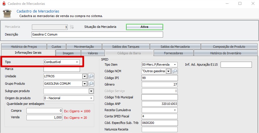 Mercadoria, tipo combustível