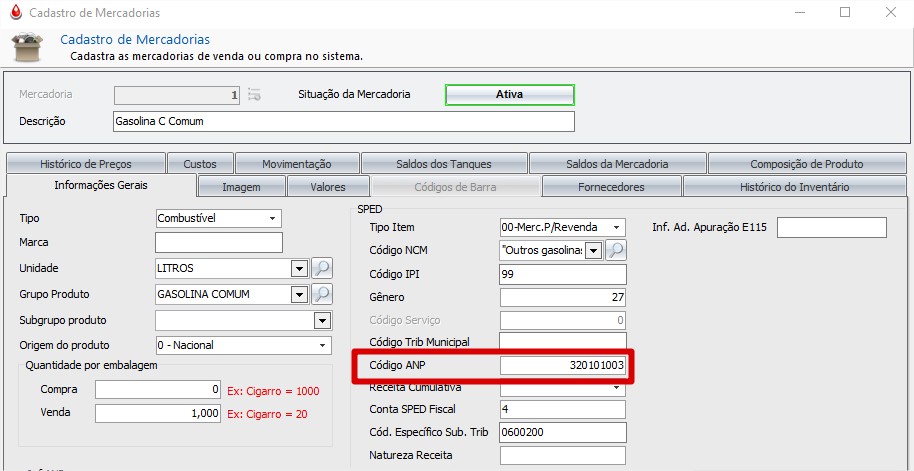 Mercadoria, código ANP