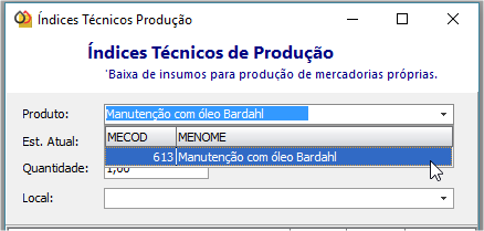 Seleção de produtos na tela Indíces Técnicos de Produção