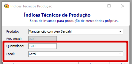 Quantidade e Local na tela Indíces Técnicos de Produção
