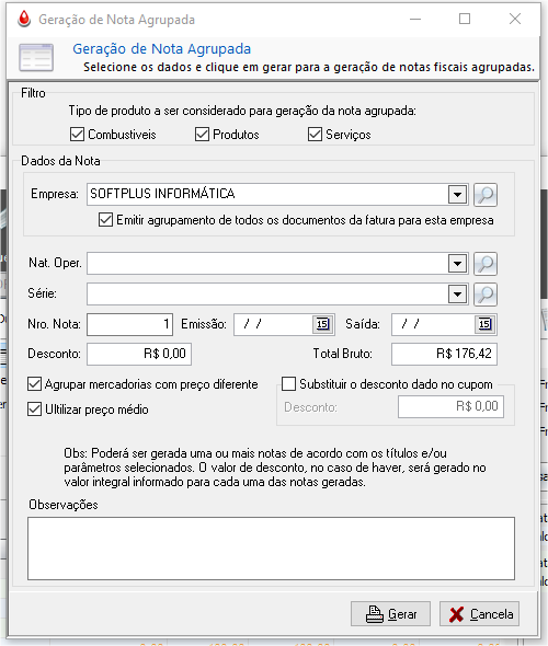 Configuração de nota agrupada