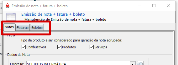 configuração das três opções Nota / Fatura / Boleto