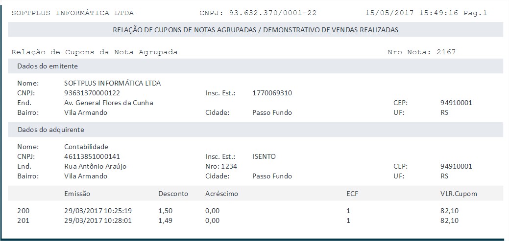 Tela do relatório de relação de cupons sem detalhamento