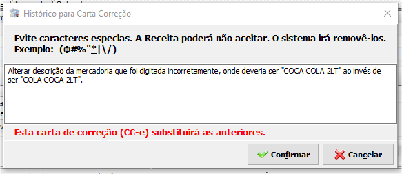 Caixa para digitação da Carta de Correção