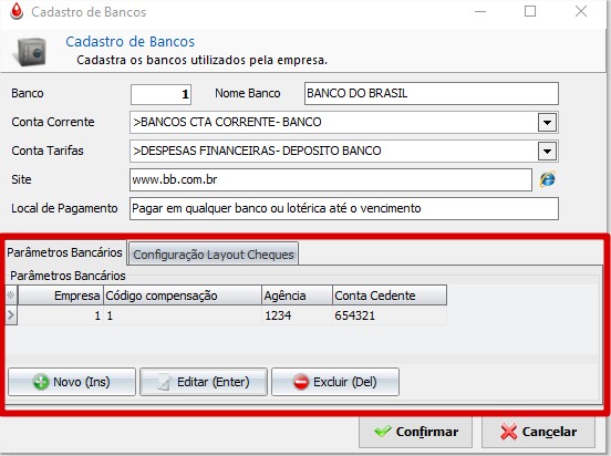 Parâmetros Bancários Editar