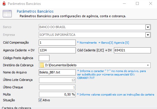 Parâmetros Bancários Configuração