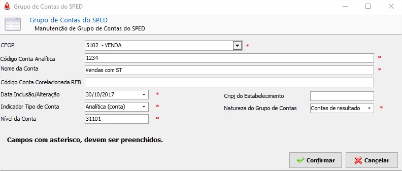 Tela de Cadastro Grupo de Contas do Sped