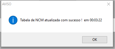 Tabela de NCM atualizada com sucesso