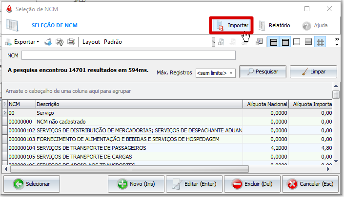 Botão importar NCM