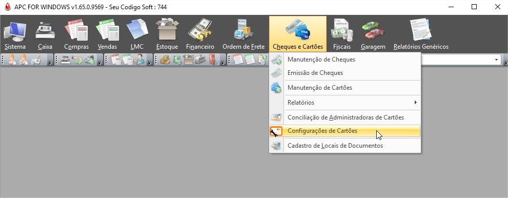 Menu Configuração de Cartões