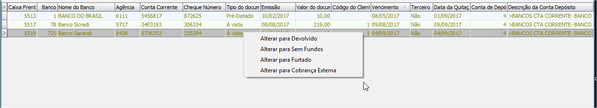 Alteração do tipo de cheque