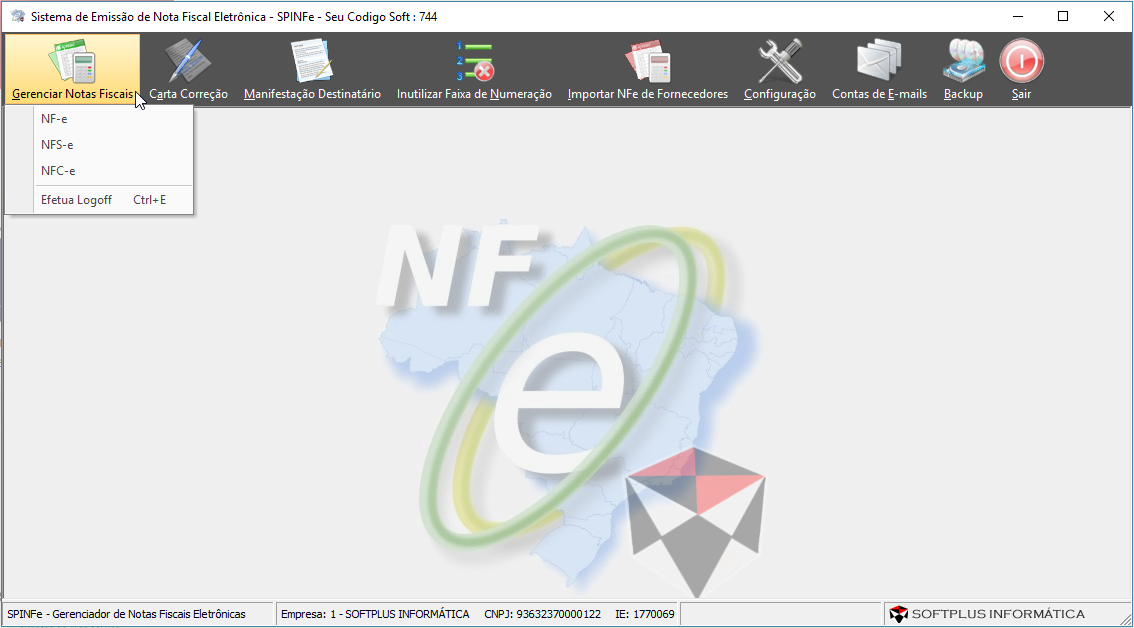 Menu Gerenciar Notas Fiscais spinfe