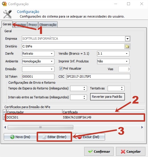 Configurações spinfe para certificado