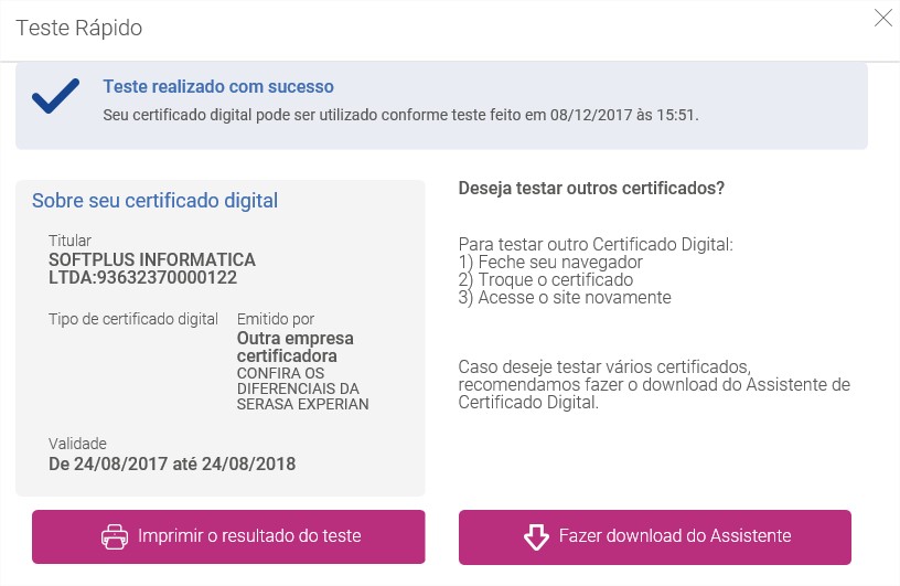 Teste realizado com sucesso