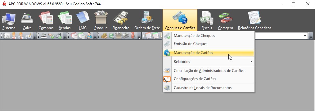 Menu Manutenção de Cartões