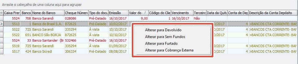 Alteração do tipo de cheque