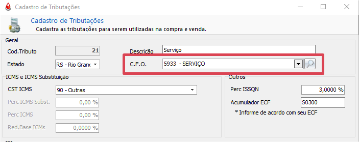 Cadastro de tributação com acumulador de serviço