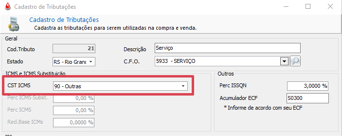 Cadastro de tributação com acumulador de serviço