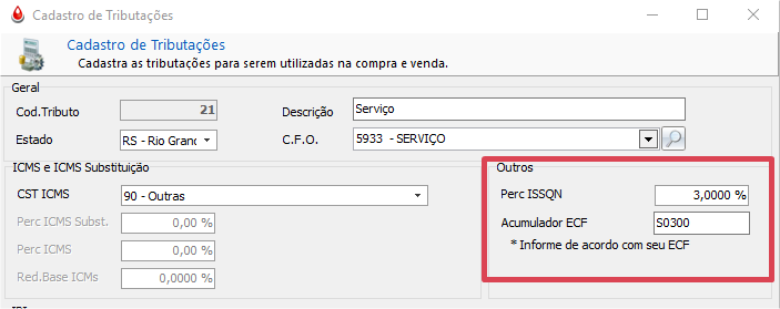 Cadastro de tributação com acumulador de serviço