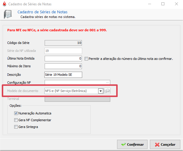 Cadastro de Série e Modelo para NFSe