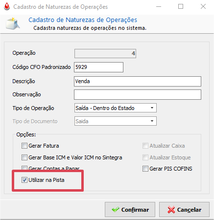 Parâmetro Utilizar na pista