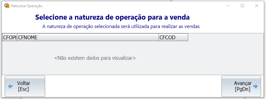 Natureza de operação no APCON sem dados para visualiar