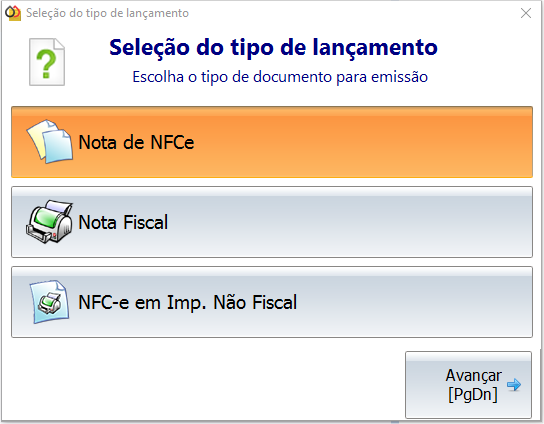 Tela de seleção de tipo de lançamento
