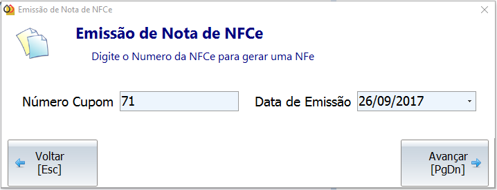 Tela de emissão de nota de NFCe