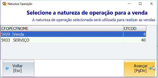 Tela de seleção de natureza da operação para venda
