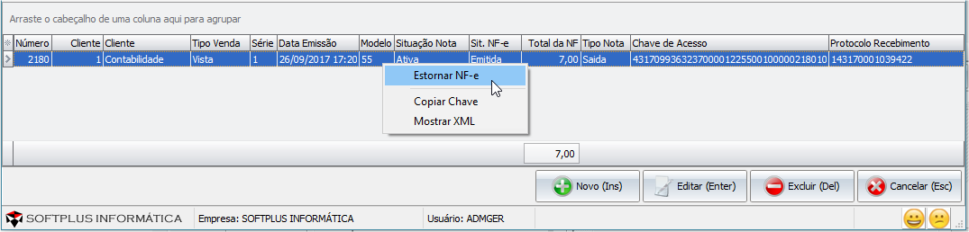 Botão Direito Estornar NF-e