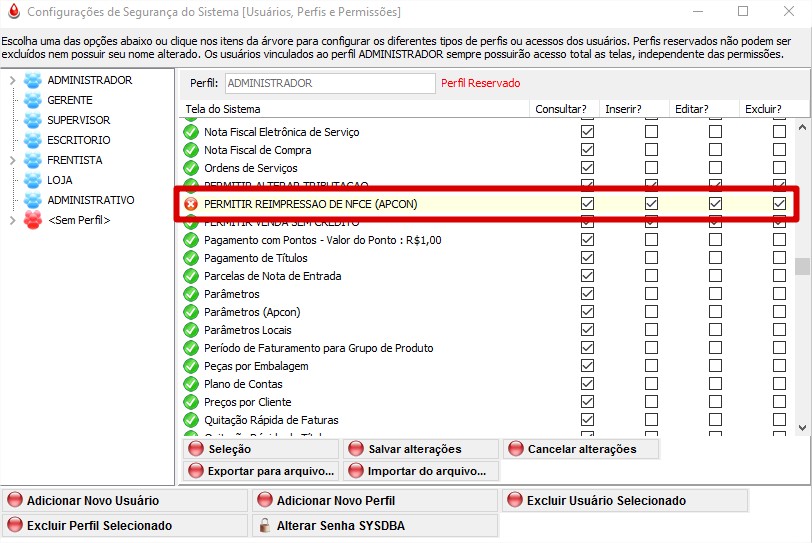 Selecionando o perfil e encontrando a permissão