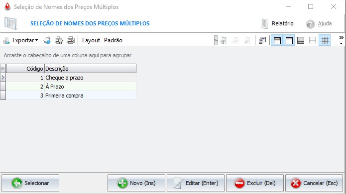 Cadastro de nomes dos preços múltiplos