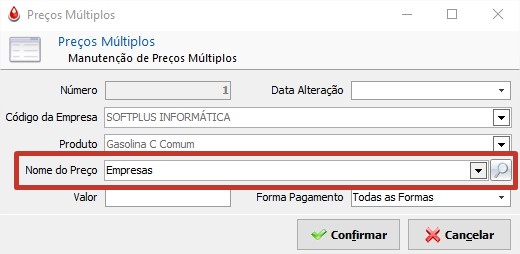 O nome do preço deverá ser setado