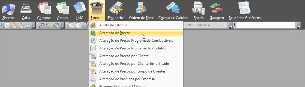 Menu Alteração de Preços