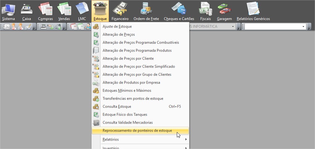 Tela de Reprocessamento de ponteiros de estoque