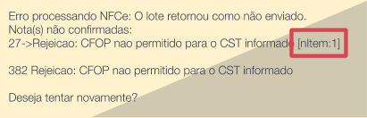 Rejeição com item específico