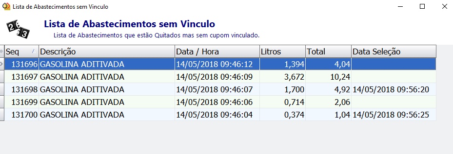 Tela de abastecimentos sem vinculo com cupom
