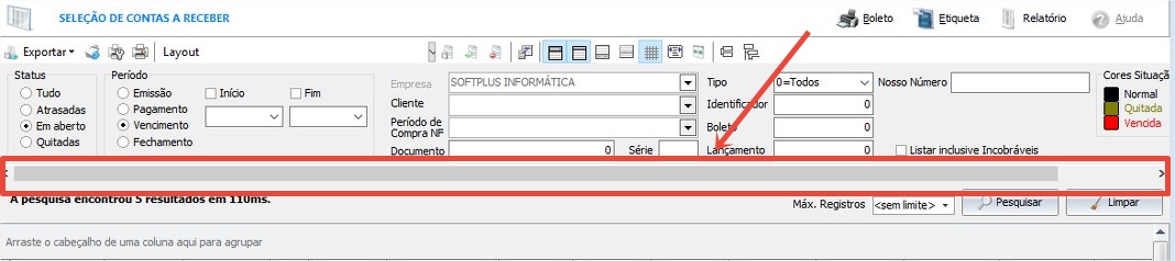 Scroll na tela de contas a receber