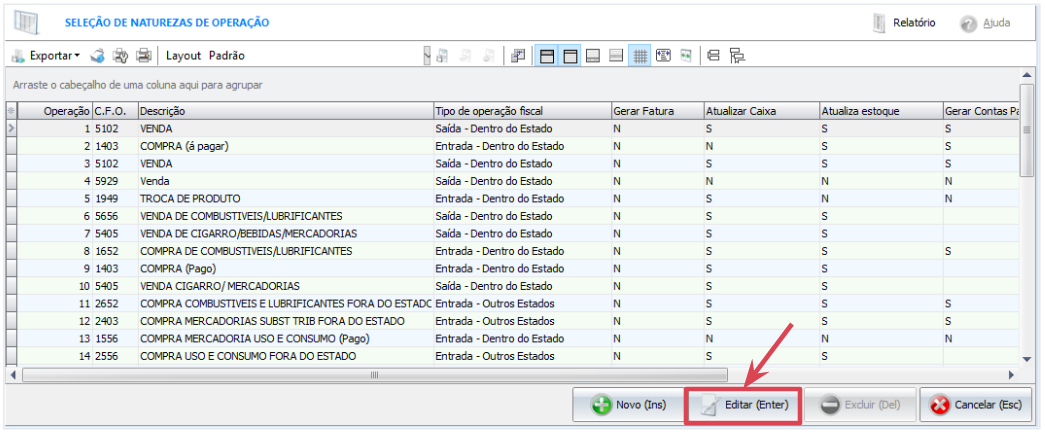Selecionando o CFOP e clique em Editar