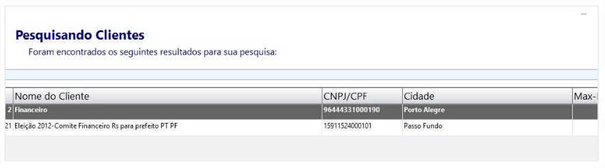 Exemplo consulta por Código/Descrição/CNPJ/CPF/RG/Cidade/Cartão Fidelidade