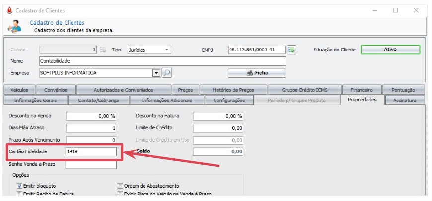 Exemplo de dados do Cartão Fidelidade