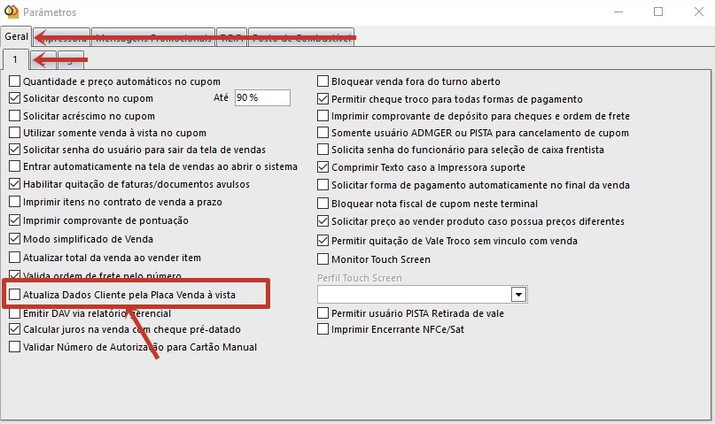 Selecionando a aba Geral, subaba 1 e encontrando o parâmetro