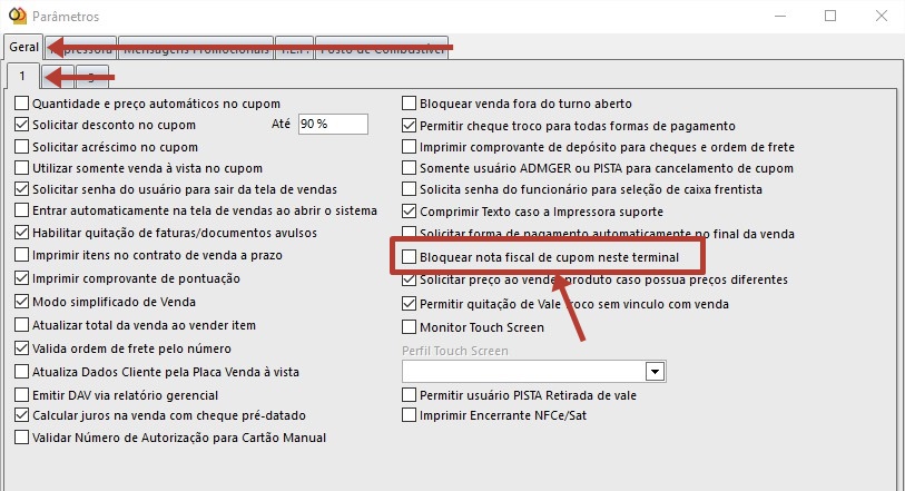 Selecionando a aba Geral, subaba 1 e encontrando o parâmetro