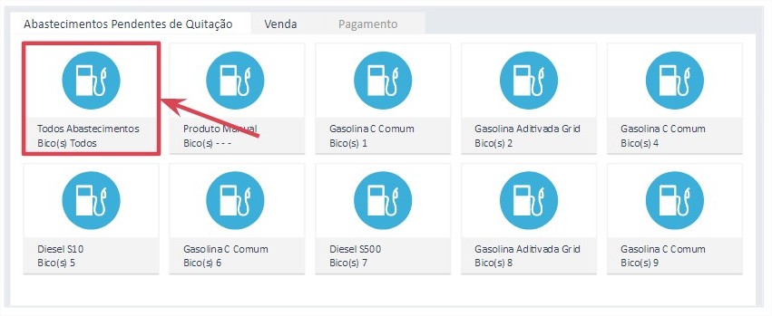 Modo de operação por bico na tela de vendas, selecionando todos os abastecimentos
