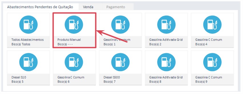 Modo de operação por bico na tela de vendas, selecionando Produto Manual
