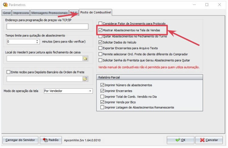 Selecionando a aba Posto de Combustível e encontre o parâmetro