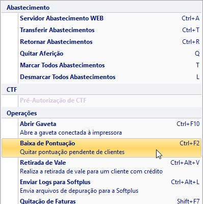 Menu de baixa de bontuação