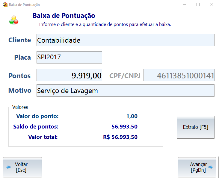 Tela para baixa de bontuação