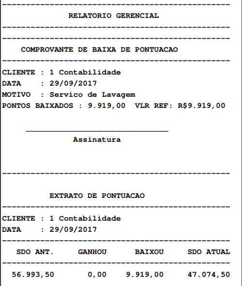 Comprovante de baixa de pontuação