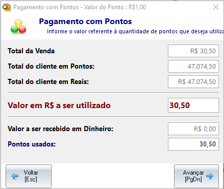 Quantidade de pontos na venda